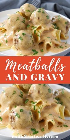 two plates with meatballs and gravy on them