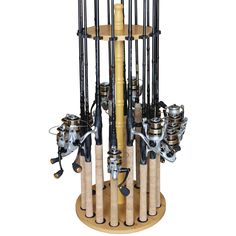 a clock made out of fishing rods and reels on a wooden stand with wheels