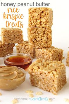 honey peanut butter rice krispie treats are stacked on top of each other