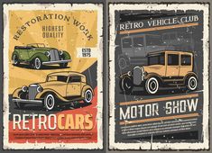 two vintage car posters with old cars in retro style, one is yellow and the other has