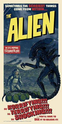 the alien movie poster is shown in black and white