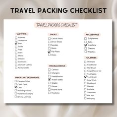 the travel packing checklist is shown on top of a white sheet with black writing