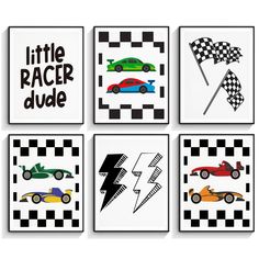 four framed art prints featuring race cars and checkered flags with the words'little racer dude '