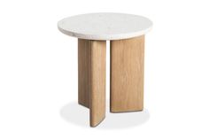 a small white table with wooden legs on a white background, it is made of wood and has a round marble top