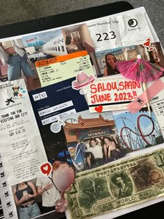 collage of photos and stickers on top of a notebook