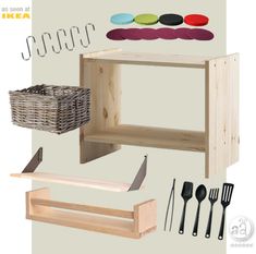 an assortment of kitchen utensils and wooden shelves