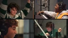 four different pictures of a boy with headphones on, and recording in the studio