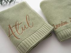 two green mittens with the word autumn written on them