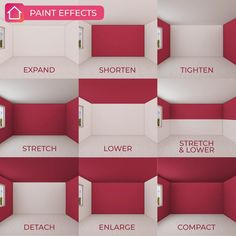 the different types of paint effects in an empty room with red walls and white floors