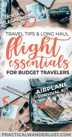 travel tips and long haul flight essentials for budget travelers with text overlay that reads travel tips & long haul flight essentials for budget travelers