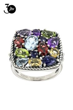 1.03ctw Glacier Topaz���, 0.88ctw Amethyst, 0.41ctw Iolite, 0.90ctw Manchurian Peridot���, 0.92ctw Garnet, and 0.34ctw Citrine Sterling Silver Oxidized Ring. Measures Approximately 0.80"L x 0.74"W. Not Sizeable. Oxidized Ring, Citrine, Garnet, Topaz, Amethyst, Multi Color, Gems, Sterling Silver, Ring