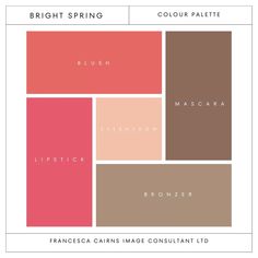 Spring Colour Analysis, Bright Spring Color Palette, Clear Spring Palette, Color Theories, Spring Colour Palette, Corrective Makeup, Soft Summer Colors, True Spring, Colour Analysis