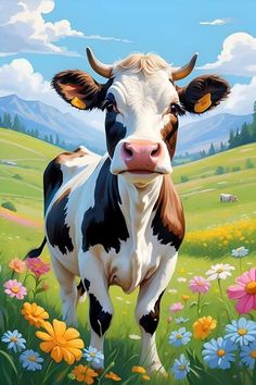 a painting of a black and white cow standing in a field with flowers on it