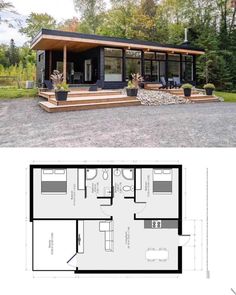 the floor plan for this modern cabin is very small and has an open living area