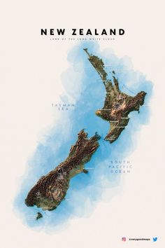 an illustrated map of new zealand showing the location of its major cities and towns, as well as their names