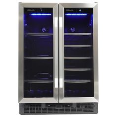 two stainless steel double door refrigerators with blue lights on the front and back doors