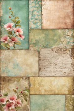 a collage of flowers and old paper with grungy paint on the edges