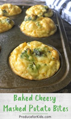 baked cheesy mashed potatoes in a muffin tin with broccoli