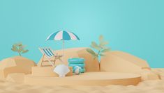 a beach scene with a chair and umbrella