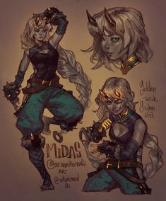 the concept art for an upcoming game called midas, which features two female characters and one male character