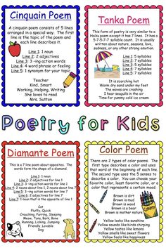 poetry for kids poster with four different types of words and pictures on the back ground