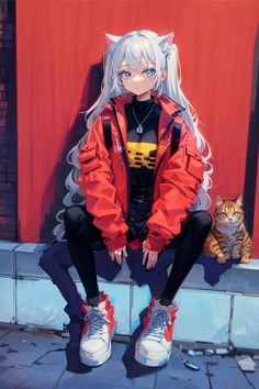 a woman sitting on top of a bench next to a cat in front of a red wall