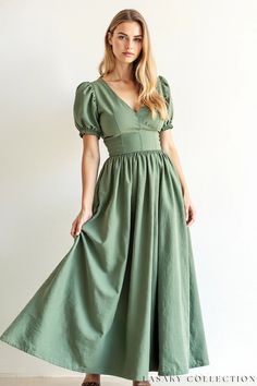 Elegant Sage Green Wrap Front Maxi Dress with Puffed Sleeves Green Garden Dress, Sage Green Midi Dress, Sage Green Maxi Dress, Dress With Puffed Sleeves, Sage Green Dress, Custom Bridesmaid Dress, Warm Skin Tone, Wedding Outfit Ideas, Green Wrap