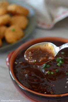 a spoon full of sauce sitting on top of a bowl