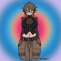 a drawing of a girl with glasses on her face and pants, standing in front of a circular background