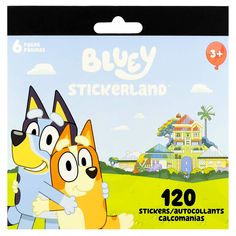 stickers depicting two cartoon dogs in front of a house and the words bluey on it