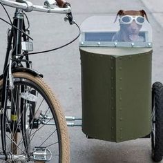 a dog wearing sunglasses sitting in the back of a green box next to a bicycle