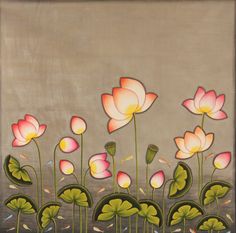 a painting of pink flowers and green leaves in front of a gray background with water lilies