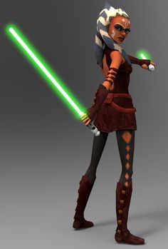 an animated character holding a green light saber