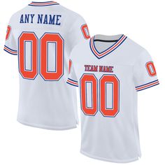 Custom White Orange-Royal Mesh Authentic Throwback Football Jersey Jersey Ideas, Custom Football, Custom Jerseys, Neck Label, Number 3, Team Names, Football Jersey, Logo Color, Football Jerseys