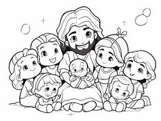 the cartoon character jesus surrounded by his children, including two girls and one boy with their arms around each other