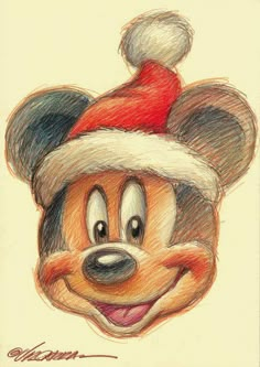 a drawing of mickey mouse wearing a santa hat