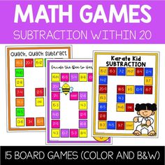 two board games with the words math games subtraction within it and below them