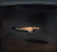 a painting of a person floating in the air on a black surface with dark background