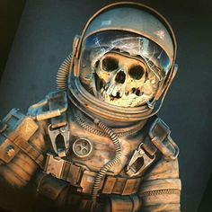 a skeleton in a space suit with a helmet and skull on it's chest