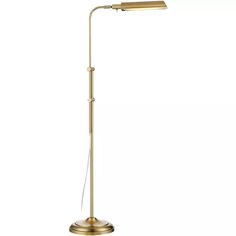 a brass colored floor lamp with a dimmer on the side and a white background