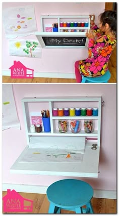 two pictures of a child's desk and chair with the top open, bottom closed