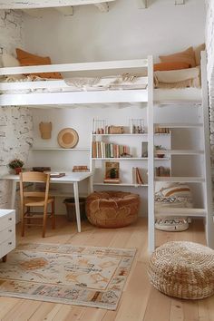 a loft bed sitting next to a white desk and chair in a room with wooden floors