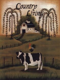 a painting of a black and white cow standing in front of a farm with a house