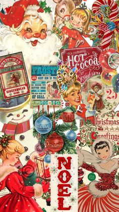 a collage of vintage christmas images with santa claus and other holiday related items on it