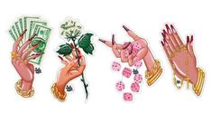 three stickers depicting hands holding money and roses with fingers pointing at each other's fingers