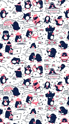 an image of a pattern with penguins and stars on the background in red, white and blue