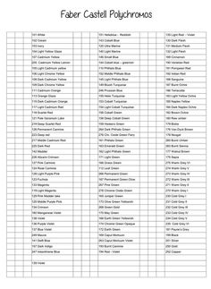 the printable table for faber castel polychroms, which are available in several