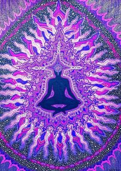 a painting of a person sitting in the middle of a purple and pink lotus flower