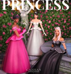 three barbie dolls are standing next to each other in front of pink flowers and bushes