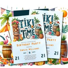 two birthday party flyers with tiki time designs on the front and back, sitting next to each other